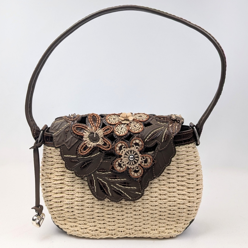 Brighton Cassia Woven Purse Faux Leather  3D Floral Applique Front Flap Natural